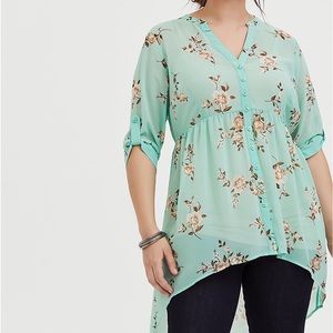 Torrid Green floral Chiffon Hi-Low Tunic Top